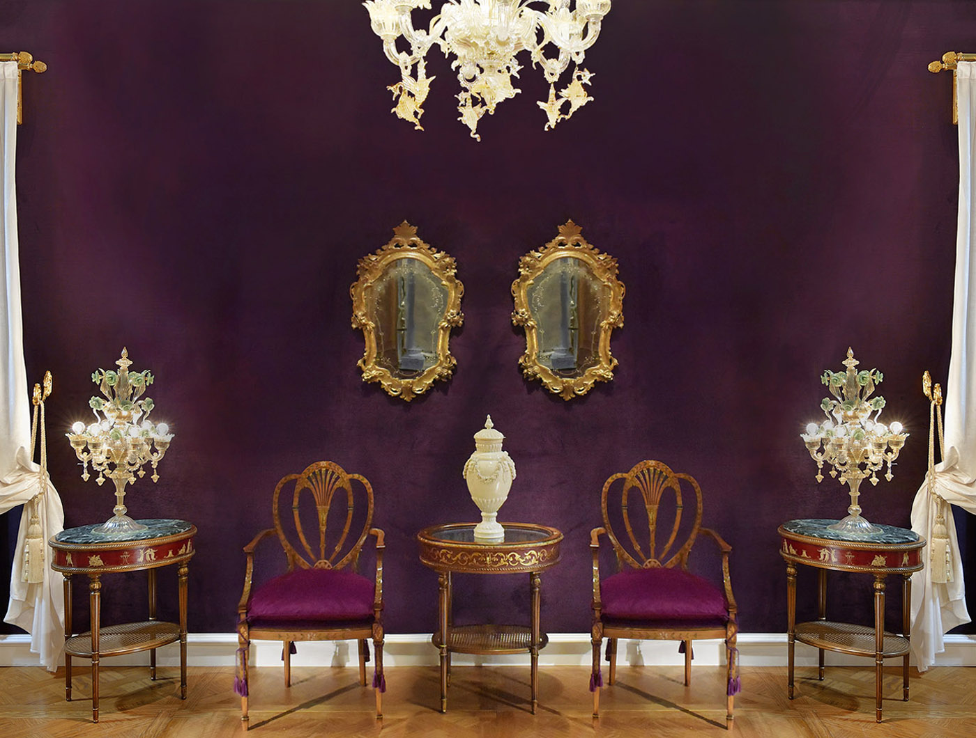English Hepplewhite armchair, French Restoration hand painted table, antique venetian mirror, Murano flambeau | P.& G. Cugini Lanzani